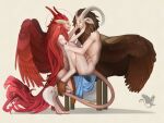  ambiguous_gender anthro brown_hair classical deity demon diorionarh duo feathered_wings feathers fur hair horn intersex intersex/intersex long_hair male muscular muscular_male mythology red_hair renaissance romantic romantic_couple simple_background smile tail_motion tailwag unknown_species wings 