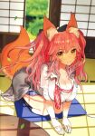  1girl absurdres animal_ear_fluff animal_ears bangs bow breasts brown_eyes buttons cleavage fate/extra fate/grand_order fate_(series) fox_ears fox_girl fox_tail full_body hair_bow highres indoors large_breasts leaf lips long_hair looking_at_viewer pink_hair scan seiza shadow shiny shiny_hair shirt simple_background sitting skirt sleeves_rolled_up smile socks solo table tail tamamo_(fate) tamamo_no_mae_(fate/extra) tamamo_no_mae_(jk)_(fate) tatami wada_arco 