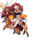  1girl abs bangs bare_shoulders breasts broken_mask clenched_teeth cozy dark-skinned_female dark_skin facial_mark fire fire_emblem fire_emblem_fates fire_emblem_heroes full_body fur_trim hair_ornament hand_fan highres holding horned_mask lantern looking_away mask mask_on_head medium_breasts midriff muscular muscular_female navel non-web_source official_art one_eye_closed paper_lantern parted_lips pelvic_curtain red_eyes rinkah_(fire_emblem) sarashi shorts solo stomach strapless teeth thigh_strap toes torn_clothes transparent_background white_hair 