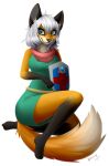  2019 alpha_channel anthro black_body black_ears black_fur black_nose bloominglynx blue_eyes canid canine closed_smile clothing eyelashes female fox front_view fur glistening glistening_eyes gloves_(marking) green_clothing grey_inner_ear hair hi_res leg_markings looking_at_viewer mammal markings mouth_closed orange_body orange_fur red_scarf scarf simple_background socks_(marking) solo transparent_background white_body white_fur white_hair 