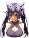  1girl absurdres animal_ear_fluff animal_ears bangs bare_shoulders blush braid braided_bangs breasts cleavage cleavage_cutout closed_mouth clothing_cutout cropped_shoulders dress ebibi_chiriri genshin_impact hair_between_eyes hair_ornament highres keqing_(genshin_impact) long_hair looking_at_viewer medium_breasts purple_dress purple_hair red_eyes simple_background sleeveless sleeveless_dress solo twintails upper_body white_background 