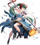  1girl bangs breasts cleavage clenched_teeth cuboon earrings fire_emblem fire_emblem:_the_blazing_blade fire_emblem_heroes full_body fur_trim green_eyes green_hair highres holding holding_weapon japanese_clothes jewelry lantern large_breasts lips long_hair looking_away lyn_(fire_emblem) mask mask_on_head navel non-web_source official_art paper_lantern parted_lips polearm ponytail rope sarashi shiny shiny_hair smile spear stomach teeth thighs toes torn_clothes transparent_background vambraces weapon 