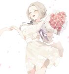  1girl 1other ^_^ alternate_costume blush bouquet breasts closed_eyes dress edelgard_von_hresvelg fire_emblem fire_emblem:_three_houses floral_print flower hair_ribbon highres holding holding_bouquet korean_commentary medium_breasts meunhongcha open_mouth petals ponytail purple_ribbon red_flower ribbon simple_background sleeveless sleeveless_dress solo_focus white_background yellow_dress 