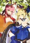  2girls absurdres bangs blonde_hair blush bow breasts brown_eyes closed_mouth cosplay costume_switch epaulettes fang fate/extra fate/grand_order fate_(series) gold_trim green_eyes hair_bow hair_bun highres japanese_clothes kimono long_hair medium_breasts multiple_girls nero_claudius_(fate) pink_hair ponytail puffy_sleeves scan shiny shiny_hair skin_fang tamamo_(fate) tamamo_no_mae_(fate/extra) thighhighs wada_arco wide_sleeves zettai_ryouiki 