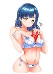  1girl bangs between_breasts blue_bra blue_hair blue_panties bow bow_bra bra breasts busan_no_hamaguchi candy chocolate chocolate_bar closed_mouth commentary_request condom condom_wrapper cowboy_shot cropped_legs english_text food green_eyes hand_in_own_hair heart highres holding holding_condom holding_food idolmaster idolmaster_million_live! light_blush looking_at_viewer medium_breasts medium_hair nanao_yuriko navel panties partial_commentary side-tie_panties simple_background skindentation smile solo standing strap_slip string_panties underwear white_background 