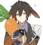  1boy animal_ears bangs black_gloves black_hair carrot coat commentary earrings ebibi_chiriri food genshin_impact gloves gradient_hair hair_between_eyes highres holding holding_food holding_vegetable jewelry long_sleeves looking_at_viewer lop_rabbit_ears male_focus multicolored_hair notice_lines orange_eyes orange_hair rabbit_ears simple_background single_earring sketch solo symbol-only_commentary tassel tassel_earrings upper_body vegetable white_background zhongli_(genshin_impact) 