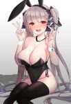 1girl animal_ears azur_lane bangs black_leotard black_thighhighs blunt_bangs blush bow breasts chaum cleavage covered_navel formidable_(azur_lane) hair_bow highleg highleg_leotard highres large_breasts leotard light_brown_hair long_hair looking_at_viewer open_mouth playboy_bunny rabbit_ears red_eyes sitting solo strapless strapless_leotard thighhighs twintails v 