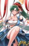  1girl :d bandages bangs blue_shirt blue_skirt blush breasts burnt_green_tea chest_sarashi cleavage collarbone commentary cowboy_shot fire_emblem fire_emblem:_the_blazing_blade fire_emblem_heroes green_eyes green_hair hand_on_hip hand_up highres holding large_breasts long_hair looking_at_viewer lyn_(fire_emblem) mask mask_on_head official_alternate_costume open_mouth ponytail sarashi shirt simple_background single-shoulder_shirt single_bare_shoulder single_sleeve skirt smile solo standing strapless tube_top very_long_hair white_background 