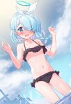  1girl arona_(blue_archive) bangs bikini bikini_lift black_bikini blue_archive blue_eyes blue_hair blue_sky blush braid breasts breasts_out clothes_lift cloud cloudy_sky collarbone day embarrassed frilled_bikini frills fubuki_rinne hair_over_one_eye hair_ribbon hairband halo hands_up highres long_hair multicolored_hair navel nipples nose_blush open_mouth outdoors pink_hair ribbon short_hair sky small_breasts solo standing swimsuit wading water 