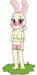  1:2 2022 4_fingers anthro biped blush bow_panties boy_shorts breasts buckteeth cheek_tuft clothed clothing colored_edge_panties digital_drawing_(artwork) digital_media_(artwork) elbow_tuft embarrassed eyebrows eyelashes facial_tuft female fingers flat_colors frilly_panties full-length_portrait fur grass hand_on_arm hi_res holding_arm lagomorph leporid looking_at_viewer mammal navel nipples outside panties panties_only paws pazymomo pigtails pink_clothing pink_nose pink_panties pink_underwear plant portrait purple_eyes rabbit rabbit_ears shoulder_tuft simple_background smile solo standing tan_body tan_fur teeth topless topless_anthro topless_female tuft underwear underwear_only white_background yoghurt_(pazymomo) 
