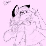  anthro canid canine clothed clothing dani86 dutch_angle female fox fully_clothed gesture happy hatching_(art) hi_res looking_at_viewer mammal monochrome red_fox shaded simple_background sketch smile solo v_sign 