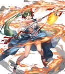  1girl bangs bare_shoulders breasts cuboon earrings fire fire_emblem fire_emblem:_the_blazing_blade fire_emblem_heroes full_body fur_trim green_eyes green_hair highres holding holding_weapon japanese_clothes jewelry lantern large_breasts lips long_hair looking_away lyn_(fire_emblem) mask mask_on_head medium_breasts non-web_source official_art open_mouth paper_lantern polearm ponytail rope sarashi shiny shiny_hair smile sparkle spear teeth thighs toes transparent_background upper_teeth vambraces weapon 