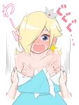  1girl 1other bare_shoulders blonde_hair blue_dress blue_eyes blush clothes_pull covering covering_breasts crown dress dress_pull earrings embarrassed hair_over_one_eye highres jewelry long_hair mario_(series) off-shoulder_dress off_shoulder open_mouth pov rosalina star_(symbol) star_earrings tomatomiya upper_body white_background 