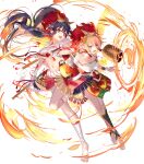  2girls bangs bare_shoulders barefoot blonde_hair blue_eyes blue_hair breasts cleavage collarbone drum dual_wielding fairy fairy_wings fire fire_emblem fire_emblem:_the_sacred_stones fire_emblem_heroes flower full_body fur_trim gradient gradient_hair hair_flower hair_ornament highres holding holding_weapon horned_mask instrument leg_up long_hair looking_away mashima_saki_(mashimasa) mask mask_on_head medium_breasts midriff multicolored_hair multiple_girls navel non-web_source off_shoulder official_art open_clothes open_mouth orange_hair pelvic_curtain peony_(fire_emblem) polearm ponytail purple_eyes rope sarashi sidelocks smile spear stomach tana_(fire_emblem) teeth toes transparent_background upper_teeth weapon wings 