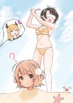  3girls beach bikini black_bikini black_hair blonde_hair buried chibi chibi_inset commentary_request crab demon_horns folding_fan hair_ornament hairband hand_fan highres hiiragii_(hiiragi_0404) hololive horns indie_virtual_youtuber multiple_girls navel oozora_subaru open_mouth polka_dot polka_dot_hairband pom_pom_(clothes) pom_pom_hair_ornament shigure_ui_(vtuber) smile starfish striped striped_bikini sweat swimsuit white_blindfold yuzuki_choco 