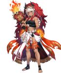  1girl abs bangs breasts closed_mouth cozy dark-skinned_female dark_skin facial_mark fire_emblem fire_emblem_fates fire_emblem_heroes full_body hair_ornament hand_fan highres holding horned_mask horns lantern lips looking_at_viewer mask mask_on_head medium_breasts muscular muscular_female non-web_source official_art paper_lantern pelvic_curtain red_eyes rinkah_(fire_emblem) rope short_hair shorts smile solo standing strapless thigh_strap transparent_background white_hair 