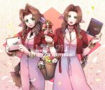  3girls aerith_gainsborough anniversary artist_name bangle bangs basket bracelet braid braided_ponytail breasts brown_hair choker cleavage cowboy_shot cropped_jacket dress final_fantasy final_fantasy_vii final_fantasy_vii_remake flower flower_basket flower_choker game_console green_eyes hair_ribbon holding holding_basket holding_case jacket jewelry lesuna long_dress long_hair looking_at_viewer low_poly medium_breasts minigirl multiple_girls multiple_persona open_mouth parted_bangs patterned_background petals pink_dress pink_ribbon playstation playstation_4 polygonal puffy_short_sleeves puffy_sleeves red_flower red_jacket revision ribbon short_sleeves sidelocks smile standing teeth unbuttoned_dress upper_teeth variations w_arms wavy_hair white_flower yellow_flower 