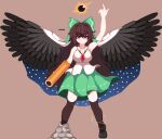  1girl arm_cannon asymmetrical_footwear atom bangs bird_wings black_sun black_wings blush bow breasts brown_background brown_hair cape cleavage closed_mouth collared_shirt commentary_request control_rod full_body green_bow green_skirt hair_between_eyes hair_bow karin_5420121 kneehighs large_breasts long_hair looking_at_viewer mismatched_footwear pixel_art pointing pointing_up red_eyes reiuji_utsuho shirt sign simple_background skirt sleeveless sleeveless_shirt smile socks starry_sky_print subterranean_animism sun third_eye touhou weapon white_cape white_shirt wings 
