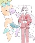  2girls animal_ears body_pillow carrot_pillow commentary empty_eyes ggubii0225 gold_ship_(umamusume) highres hood hoodie horse_ears horse_girl horse_tail korean_commentary long_hair long_sleeves lying mejiro_mcqueen_(umamusume) multiple_girls object_hug on_bed on_side pajamas pillow red_eyes red_pajamas sidelocks sketch sleeping stuffed_carrot tail umamusume white_background white_hoodie 