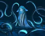  1girl absurdly_long_hair black_sclera blue_eyes blue_hair closed_mouth colored_sclera colored_skin completely_nude flat_chest grey_skin highres long_hair looking_at_viewer monster_girl nude original ruteko_(ruko220) scylla solo suction_cups tentacle_hair twitter_username very_long_hair 