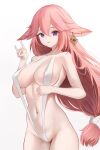 1girl absurdres animal_ears bangs bare_arms bare_shoulders breasts covered_nipples cowboy_shot earrings floppy_ears fox_ears fox_shadow_puppet genshin_impact hair_between_eyes hand_up highres jewelry large_breasts long_hair low_ponytail navel parted_lips pink_hair purple_eyes sidelocks simple_background slingshot_swimsuit smile solo swimsuit thighs very_long_hair white_background white_one-piece_swimsuit yae_miko zeka_massi 