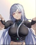  3_small_spiders ak-12_(girls&#039;_frontline) blush breasts collarbone crop_top girls&#039;_frontline grey_hair highres incoming_hug large_breasts long_hair open_mouth outstretched_arms pink_eyes smile turtleneck unusually_open_eyes very_long_hair 