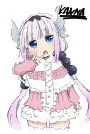  1girl :o bangs black_hairband blue_eyes blush character_name child commentary_request dragon_girl female_child haaam hairband highres horns kanna_kamui kobayashi-san_chi_no_maidragon light_purple_hair long_hair looking_at_viewer open_mouth pink_hair simple_background solo thighhighs twintails upper_body white_background white_thighhighs 