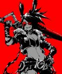  andyface animal_ears belt breasts cleavage fur_trim gloves groin hand_on_hip highres jacket long_hair looking_to_the_side navel original rabbit_ears red_background shorts simple_background smile spiked_hair sunglasses sword weapon 