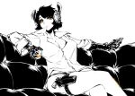  1girl andyface breasts cleavage crossed_legs cup drinking_glass eyelashes gauntlets headphones holding holding_cup holster large_breasts looking_at_viewer orange_eyes original reclining shirt solo spot_color thigh_strap 