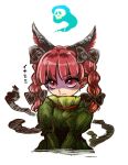  1girl animal_ears banned_artist bow braid cat_ears cat_tail cropped_torso dress extra_ears green_dress hair_bow kaenbyou_rin looking_to_the_side multiple_tails okoge_senbei red_eyes red_hair simple_background solo tail touhou twin_braids upper_body white_background 