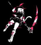  1girl andyface belt black_background boots bow breasts gloves hat highres large_breasts long_hair looking_to_the_side original pink_bow scythe solo spot_color thigh_strap weapon witch_hat 