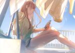  1girl absurdres black_shorts blurry blurry_foreground brown_hair day feet_out_of_frame hair_over_eyes highres holding holding_phone lens_flare long_hair macaronk original outdoors phone profile railing rooftop shirt short_shorts shorts sitting t-shirt white_shirt 