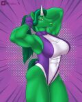  4:5 abs absurd_res anthro athletic athletic_female big_breasts breasts clothed clothing digital_media_(artwork) equid equine female green_body green_eyes green_hair green_skin hair hi_res horn huniepi looking_at_viewer mammal marvel muscular she-hulk simple_background solo unibro_pi unicorn unicorn_horn 