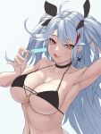  1girl adjusting_hair ahoge armpits azur_lane bangs bare_shoulders bikini bikini_top_only black_bikini black_ribbon blush breasts cleavage closed_mouth collarbone cross cross_earrings earrings grey_hair hair_ribbon hand_in_own_hair highres holding_ice_cream jewelry large_breasts licking_lips lips long_hair looking_at_viewer multicolored_hair nail_polish official_alternate_costume orange_eyes pink_nails presenting_armpit prinz_eugen_(azur_lane) prinz_eugen_(unfading_smile)_(azur_lane) ribbon ropi_(yyuichi29) smile solo streaked_hair swimsuit tongue tongue_out twintails upper_body white_background 