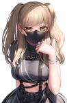  1girl absurdres bangs belt black_belt blonde_hair bracelet breasts chain highres jewelry large_breasts long_hair looking_at_viewer mask mouth_mask nijisanji ring simple_background sister_cleaire solo suraimu_(suraimuraimu) two_side_up virtual_youtuber white_background yellow_eyes 