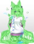  1girl animal_ears blush collar commission curss fox_ears green_hair highres holding holding_test_tube jewelry long_hair looking_at_viewer monster_girl necklace one_eye_closed original parted_lips purple_eyes shirt skeb_commission slime_girl solo test_tube white_shirt 