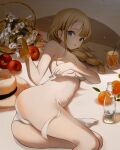  1girl :o absurdres apple ass bangs basket blonde_hair blue_eyes bottle braid braided_ponytail breasts covering covering_breasts drink drinking_straw feet_out_of_frame flower food fruit hat highres holding holding_bottle leaf light_particles looking_at_viewer lying mandarin_orange medium_breasts navel on_bed on_side original panties parted_lips red_apple sidelocks single_braid solo swept_bangs topless underwear white_flower white_panties zeka_massi 