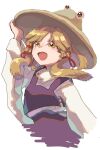  1girl blonde_hair brown_headwear hand_on_headwear long_sleeves matsukuzu medium_hair moriya_suwako open_mouth purple_skirt purple_vest shirt simple_background skirt solo touhou turtleneck vest white_background white_shirt wide_sleeves yellow_eyes 