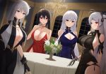  4girls absurdres anniversary arm_behind_back azur_lane bangs bare_shoulders belfast_(azur_lane) belfast_(the_noble_attendant)_(azur_lane) black_dress black_gloves black_hair black_ribbon blue_dress braid breasts cc_(c~fua) cleavage closed_mouth collarbone dress elbow_gloves enterprise_(azur_lane) enterprise_(heroic_finery)_(azur_lane) feet_out_of_frame fingerless_gloves flower french_braid gloves grey_gloves grey_hair hair_ornament hair_ribbon hairclip highres jewelry lamp large_breasts lips long_hair looking_at_viewer multicolored_hair multiple_girls official_alternate_costume open_mouth orange_eyes parted_lips prinz_eugen_(azur_lane) prinz_eugen_(cordial_cornflower)_(azur_lane) purple_eyes red_dress red_eyes ribbon sideboob smile standing streaked_hair table taihou_(azur_lane) taihou_(forbidden_feast)_(azur_lane) twintails white_hair 