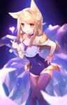  1girl ahri_(league_of_legends) animal_ears bare_shoulders blonde_hair bracelet breasts choker cleavage crystal_tail earrings facial_mark fox_ears fox_girl fox_tail fuiyu_(feuille0818) hand_on_hip heart idol jewelry k/da_(league_of_legends) k/da_ahri large_breasts league_of_legends leotard leotard_under_clothes long_hair orange_eyes purple_leotard purple_thighhighs slit_pupils smile solo tail thighhighs whisker_markings 