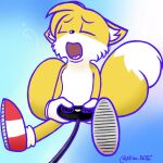  1:1 2_tails anthro blue_line_art canid canine clothing controller eyes_closed footwear fox fur game_controller hair holding_object lunarpanda8686 male mammal miles_prower multi_tail open_mouth orange_body orange_fur sega sega_controller shoes simple_background socks solo sonic_the_hedgehog_(series) video_games white_body white_fur yawn 
