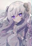  +_+ 1girl bangs bow cross dress dress_bow frilled_sleeves frills frown grey_dress grey_hair highres holding holding_cross long_hair long_sleeves looking_at_viewer mogmogyasai original purple_eyes simple_background solo upper_body white_background white_bow 