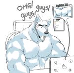  abs anthro biceps big_muscles black_nose bodily_fluids camera_view canid canine canis chat_box computer dialogue excited gaming gaming_chair greyscale headgear headphones headset hi_res huge_muscles laptop male mammal monochrome muscular muscular_anthro muscular_male nipples pecs solo streaming sweat toritom wolf 