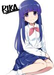  1girl bangs blue_hair blue_skirt blunt_bangs bow character_name closed_mouth collared_shirt commentary_request furude_rika haaam highres higurashi_no_naku_koro_ni hime_cut long_hair long_sleeves looking_at_viewer pink_bow purple_eyes school_uniform shirt sidelocks simple_background sitting skirt smile socks solo st._lucia_academy_school_uniform upper_body white_background white_shirt white_socks 