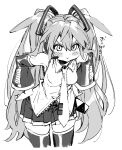  1girl absurdres angry breasts cowboy_shot detached_sleeves greyscale hair_between_eyes hands_on_hips hatsune_miku headphones highres leaning_forward long_hair long_sleeves monochrome necktie pleated_skirt puffy_cheeks sasami_(ki) skirt standing thighhighs twintails very_long_hair vocaloid 