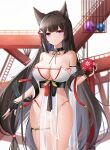  1girl amagi_(azur_lane) amagi_(wending_waters_serene_lotus)_(azur_lane) animal_ear_fluff animal_ears azur_lane bangs bare_shoulders bikini black_choker black_gloves blurry blurry_background breasts brown_hair cage choker cleavage closed_mouth cowboy_shot fingerless_gloves gloves highleg highleg_bikini highres holding large_breasts long_hair looking_at_viewer official_alternate_costume pelvic_curtain purple_eyes qing_wu see-through sidelocks solo swimsuit thigh_strap thighs two-tone_bikini underwear very_long_hair white_bikini 