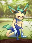  3:4 absurd_res anthro big_breasts breasts cleavage clothed clothing digital_media_(artwork) dirt eeveelution female forest generation_4_pokemon gloves grass hair handwear headgear headwear hi_res holding_object leafeon looking_down nintendo outside overalls plant pokemon pokemon_(species) shovel smile solo tangeluscious tools tree video_games 