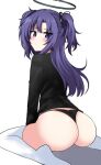  1girl absurdres aikir_(jml5160) ass bangs black_panties black_shirt blue_archive halo highres long_sleeves panties parted_bangs purple_eyes purple_hair shirt sidelocks sitting solo thighhighs two_side_up underwear wariza white_thighhighs yuuka_(blue_archive) 