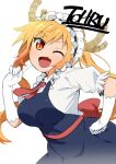  1girl ;d apron ascot blonde_hair blue_apron breasts character_name commentary_request dragon_girl dragon_horns elbow_gloves fang gloves gradient_hair haaam hand_on_hip highres horns kobayashi-san_chi_no_maidragon long_hair looking_at_viewer maid maid_headdress multicolored_hair one_eye_closed open_mouth orange_eyes orange_hair puffy_short_sleeves puffy_sleeves red_ascot short_sleeves simple_background slit_pupils smile solo tohru_(maidragon) twintails upper_body white_background white_gloves 