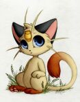  anthro black_ears black_nose bloominglynx blue_eyes brown_body brown_fur brown_tail cheek_tuft facial_tuft fur generation_1_pokemon glistening glistening_eyes grass head_tuft leg_markings male markings meowth nintendo pawpads pink_inner_ear pink_pawpads plant pokemon pokemon_(species) simple_background sitting socks_(marking) solo tan_body tan_fur tan_head_tuft tan_tail traditional_media_(artwork) tuft video_games white_background young 